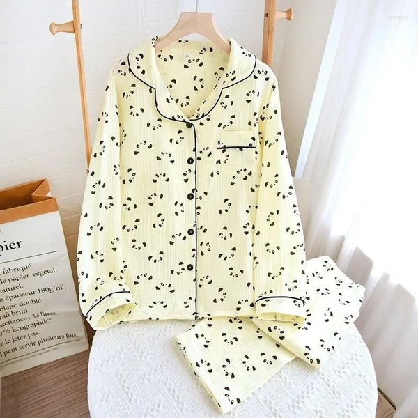Roupas em casa 2024 Cotton Feminino Pijama Autumn Primavera de manga longa Sonons Sleepwear Panda Print Paijama Woman Nightwear Set Cardigan