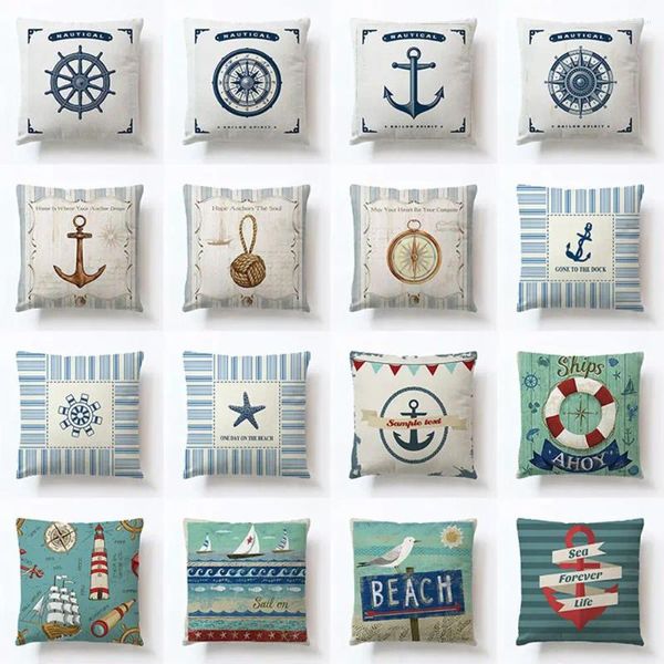 Travesseiro quadrado azul bússola tampa estampada âncora Padrão marinho Case de arremesso de navio decorativo travesseiro cojines almofadas