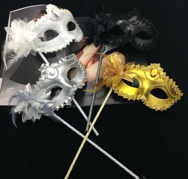 Luxusdiamant Frau Maske auf Stick sexy Eyeline Venezianische Masquerade Party Maske Pine Lace Edge Lateral Blume Gold Silber Schwarz W7844291