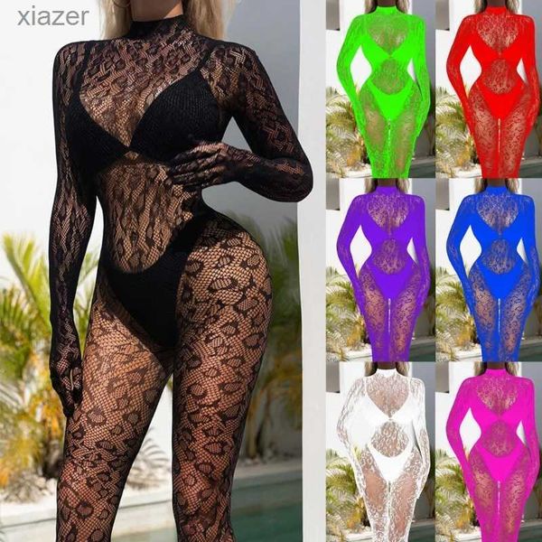 Macacões femininos Rompers Rompers feminino de uma peça sexy malha de renda macacão transparente noturno de roupas de pesca de pisca-pecão