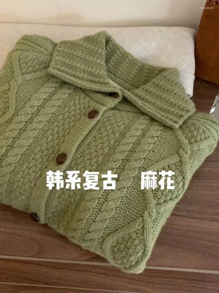 Damen Strick Vintage Matcha Green Kabel-Knit-Pullover Strickjacke Revers Holzschnalle Strickmantelmantel