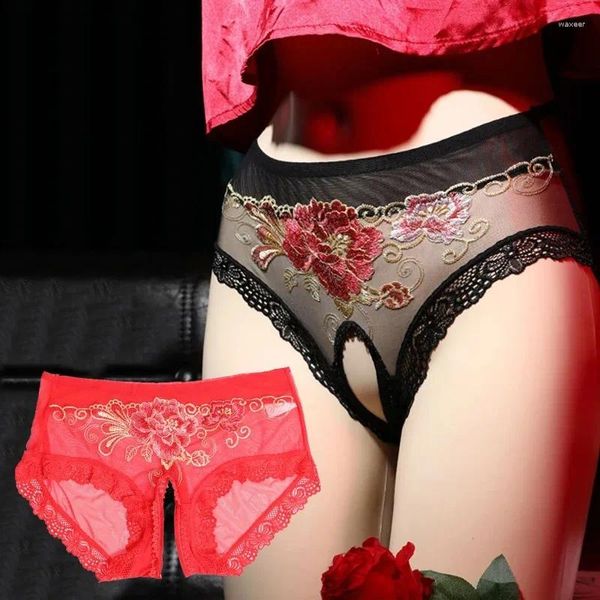 Mutandine da donna Open Crotch Lingerie Erotico ritagliato in pizzo ricamato perizoma esotico in rete trasparente