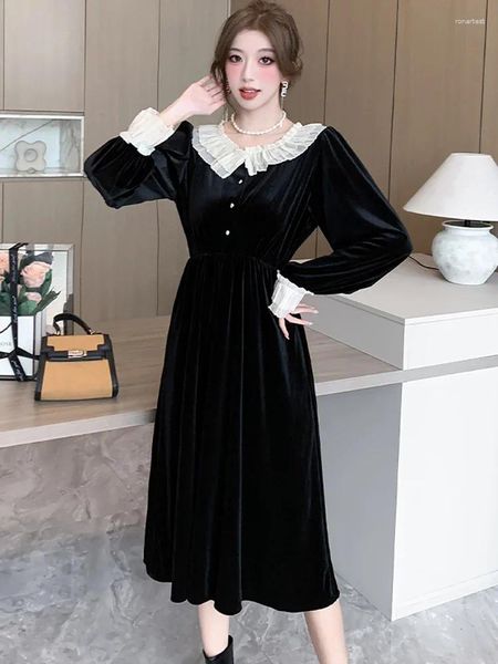 Lässige Kleider koreanischer eleganter schicker Frauen Promotion Herbst Winter Schwarzer Samt gekräuseltes Kragen Vestidos 2024 Vintage Bodycon Nachtkleid