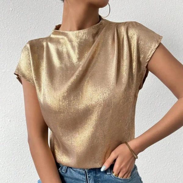 Frauenblusen Lose Fit T-Shirt Sparkling Stand-up Hals Casuid Solid Color T-Shirt für Streetwear-Stil Frauen