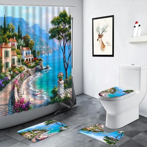 Душевые занавески Приморский город океан пейзаж набор ванная комната для картины маслом.
