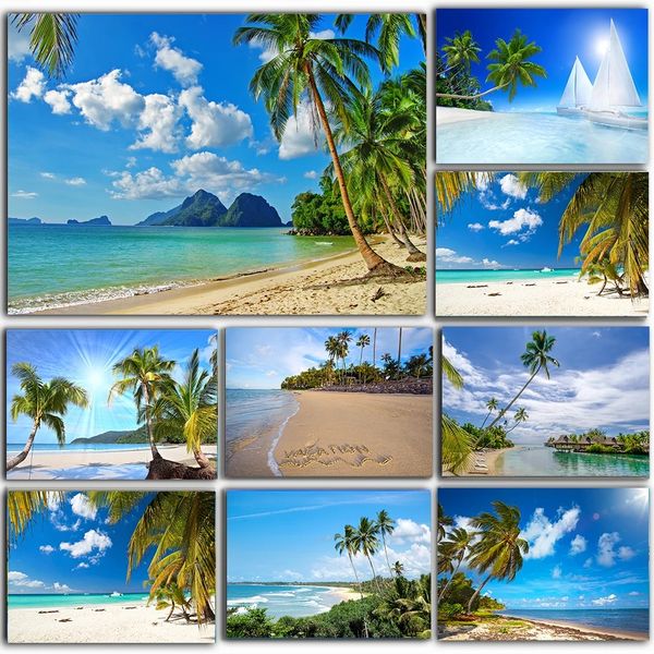 Strandlandschaft Canvas Gemälde Kokosnuss Nussbaum Bilder Tropische Palmen Wandkunst Poster Naturlist für Wohnkultur ungeredet