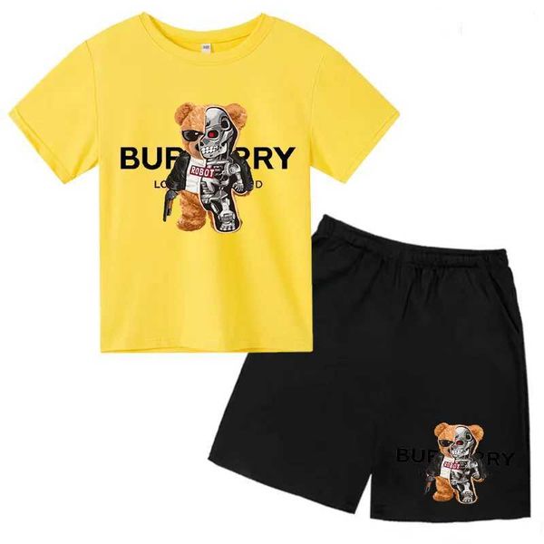 Kleidungsstücke Kindersets Childrens Maschinenbär Printed Jungen/Mädchen T-Shirt Kindergarten Top+Shorts 2p 3-13y Geburtstagsgeschenk Freier Mode Sport Sunshine Set D240514