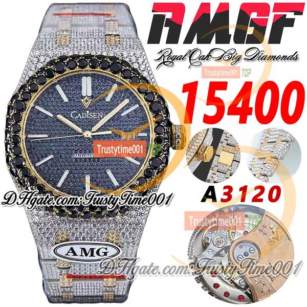 AMGF 15400 A3120 Automático Homens de diamante Big Diamond Bezel 18K Yellow Gold Pavinged Diamonds Black Dial Markers Stick Bracelet Super TrustyTime001 Iced Out Watches