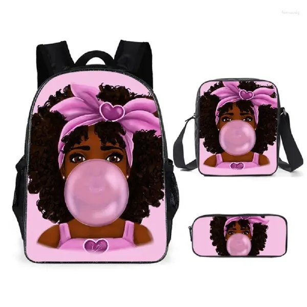 Bolsas escolares Hip Hop African Girl 3pcs/Set Backpack 3D Imprimir Student Bookbag Moda Laptop Daypack Saco de ombro Capa Lápis