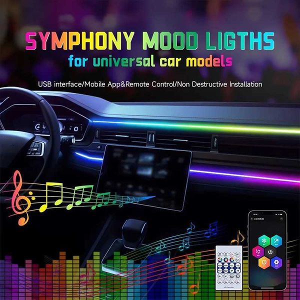 Luzes decorativas carro LED LUZES Ambiental USB 64 RGB Acrílico tiras de lâmpada de acrílico App colorido controle remoto atmosfera lâmpadas universais interior neon t240509