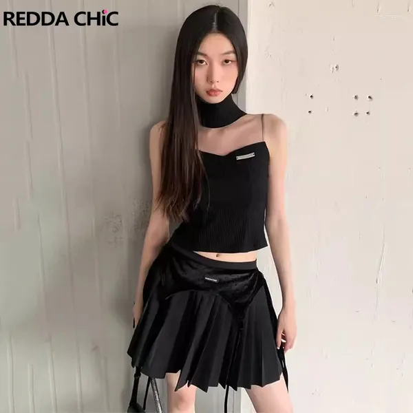 Рабочие платья Reddachic Retro Black Top Top Miniskirt Женщины с 2 частями летние турнирки из рукавов с плиссированной юбкой Grunge Y2K