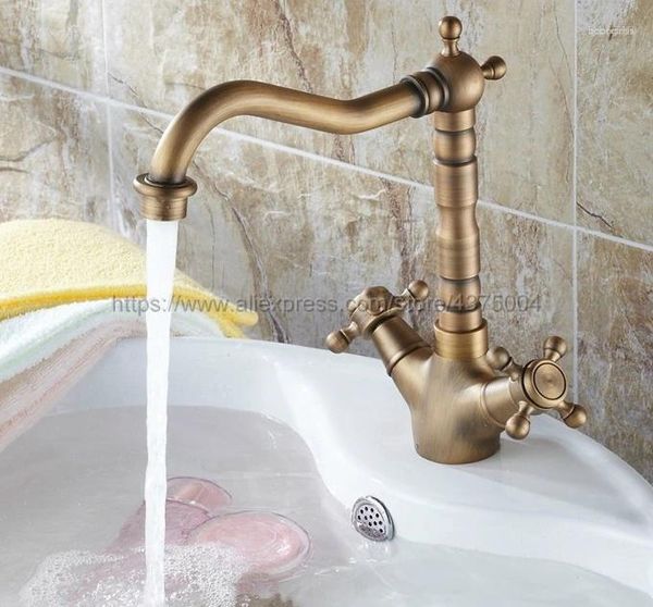 Bad Waschbecken Wasserhähnen Becken Antiquitäten Messing Wasserhahn 360 Grad Schwenkauslauf Doppelkreuzgriff Bademixer Taps NSF090