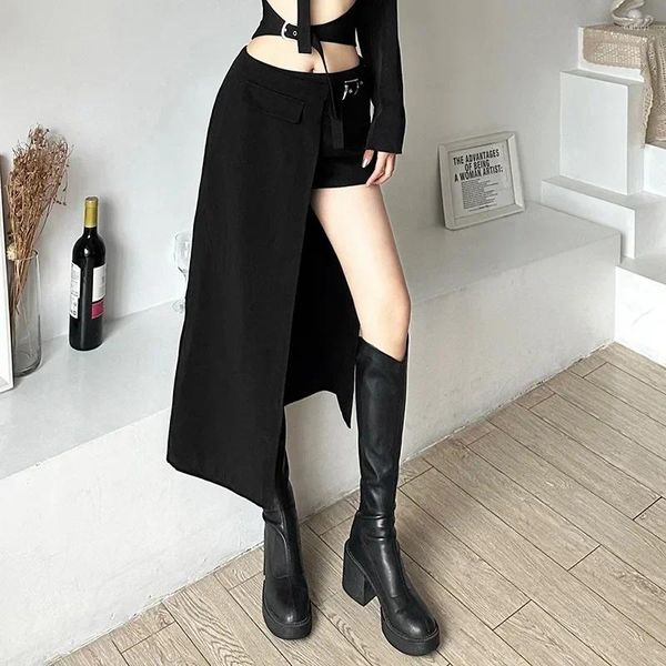 Röcke schwarze unregelmäßige Frauen sexy schlanke Mode-Knöchel-Länge Temperament hohe Taille reife Ankünfte A-Line Korean Style Chic