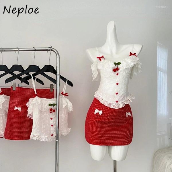 Vestidos de trabalho Nepote Sweet Shash Neck Ruffles Cherry Slim Fit Camisole Tops Chaça High Bodycon Saias 2024 Conjuntos de duas peças de verão