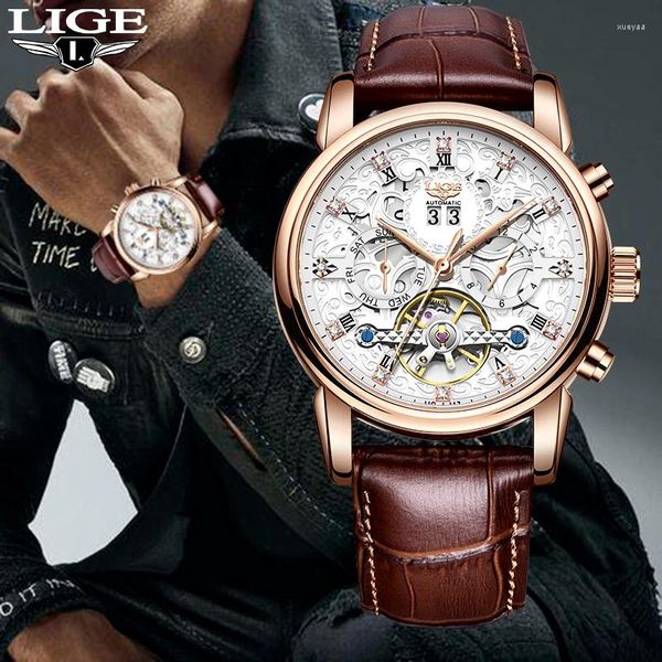 Armbanduhr Lige Mode Luxus Man Mechanical Watch Top Brand Business Leder wasserdichte Kalender Woche Herrenuhren Tourbillon