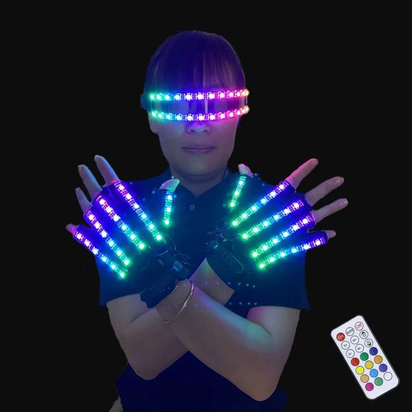 LED -Handschuhe Full Color Rave Blinking Finger Fernbedienung Contorl Glühen Brillen Kostüm Props Party DJ Halloween Weihnachtsdekor 240513