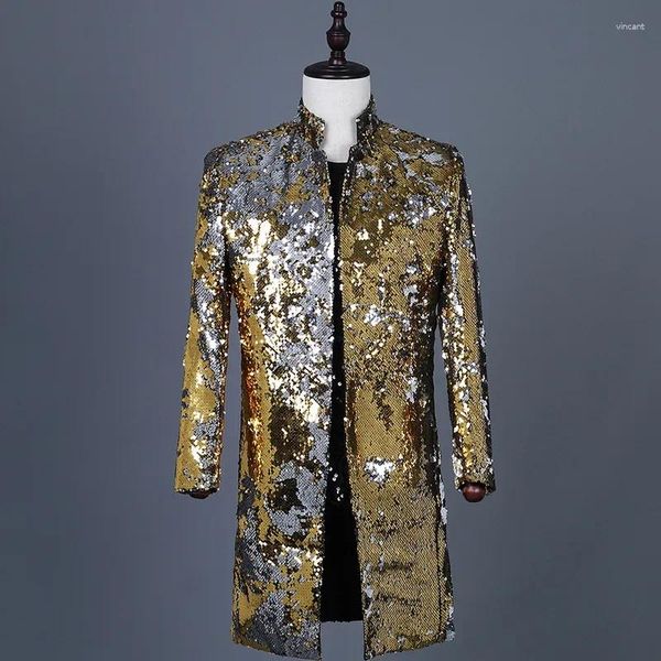 Herrenanzüge glänzende Goldpailletten Glitzer Long Blazer Jacke Männer stehen Kragen Slim Fit Smoking Anzug Blazer Herren Party Abschlussbühne männlich