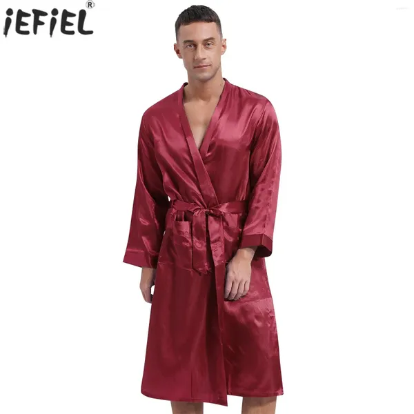 Roupas em casa Eles sedosos, arremessos de banho de banheira seda de manga longa para frente aberta com bolsos laterais da cintura Kimono Mid Robe Pijamas Homewear