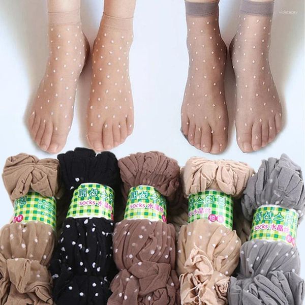 Mulheres meias Crystal Silk Silk Transparent Color Dot Nylon Hosiery Ladies Elastic Summer Summer Short Sock