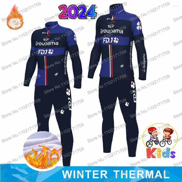 Rennsets Kinder Winter Thermal 2024 FDJ Team Radsporttrikot -Set Long Sleeve Jungen und Mädchen Fahrradkleidung Fleece Road Bike Shirt Anzug Anzug