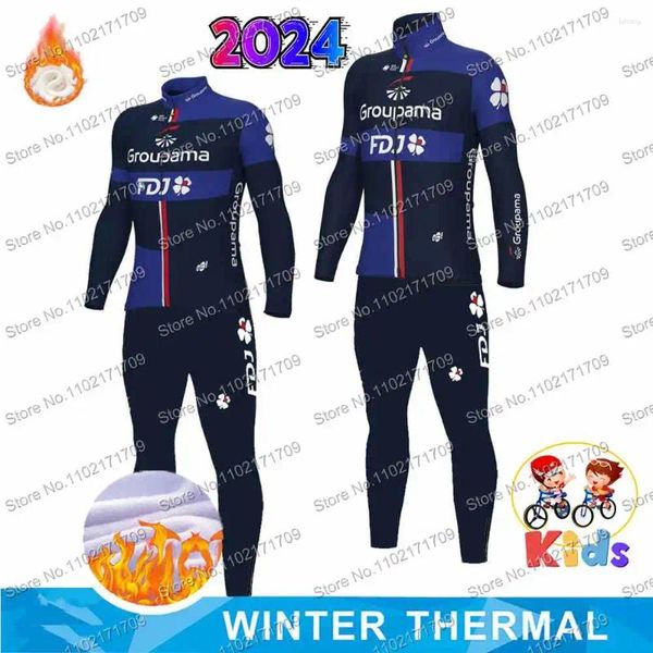 Set da corsa per bambini inverno Thermal 2024 FDJ Team Cicling Jersey Set a maniche lunghe ragazzi e ragazze abbigliamento per biciclette in pile camicia da camicia da strada in pile