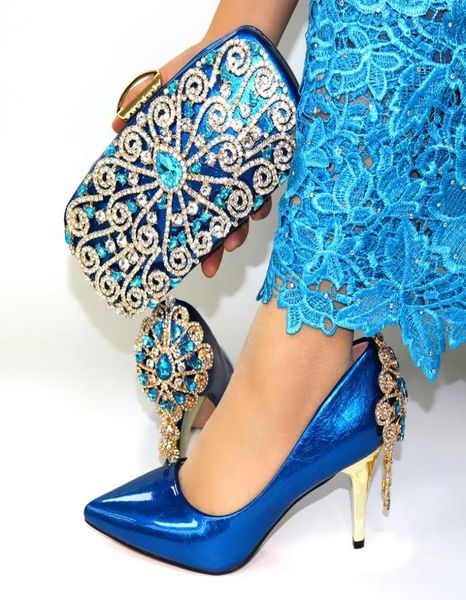 Blue Color Italian Woman Heels High Sandálias e Bag Matching Conjunto para Sapatos Africanos para Partido Para Combinar o Dress8890848