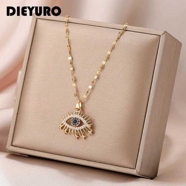 Подвесные ожерелья Dieyuro 316L из нержавеющей стали Evl Eye Eye Zircon Collece, подходящее для женской моды, девочки -клавиля, цепь ретро, женские ювелирные украшения J240513