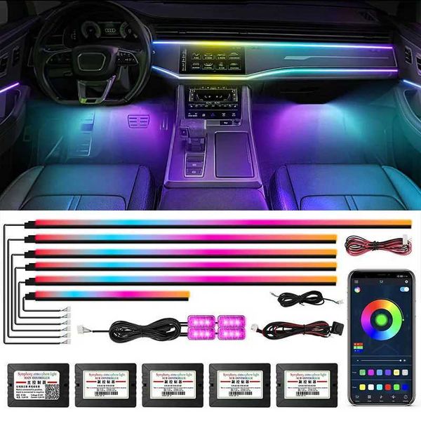 Luzes decorativas carros acrílico Luzes ambiente App Contro Auto Interior Lâmpadas coloridas Faixas Decorativa Acessórios Decorativos 64 RGB LED Flâmina Néon 18 em 1 T240509