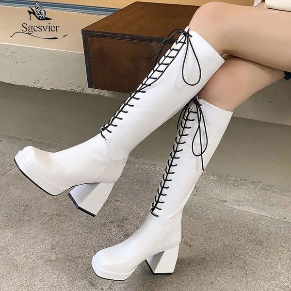 Stivali Sgesvier 2024 Black White Brown Women Knee High Platform Spesse Tacco Spesso Lace Up Square Toe Women's's