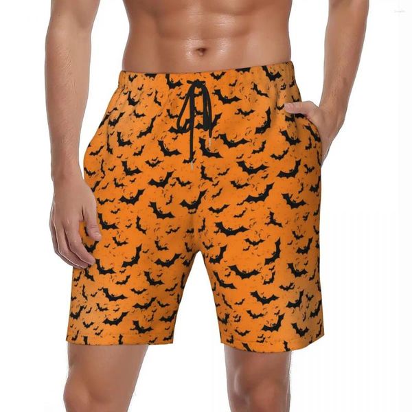 Shorts masculinos Halloween Bat Board Summer Orange e Black Stylish Short Pants Man Surfing Redes de Natação Estamada a seco rápido