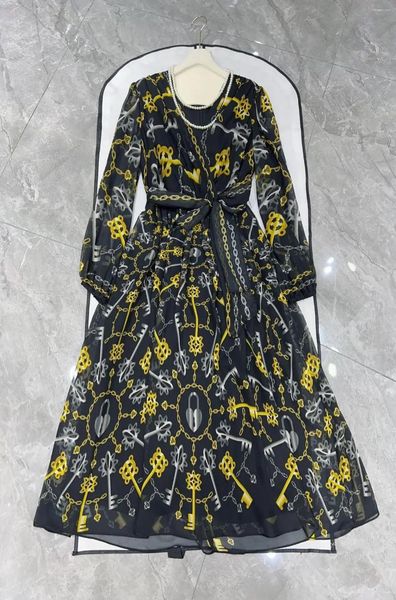 Lässige Kleider 2024 Frühlings Sommer Vintage bedrucktes Seide V-Ausschnitt Gurt Großer Saum Langarm Frau Kleid Maxi Rock Weibliche Abendkleidung