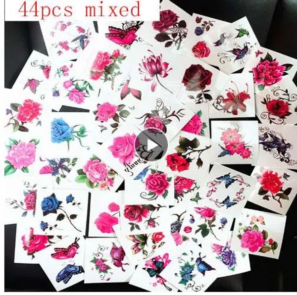 Tattoos 52pcs/Los temporäres Tattoo Set Bunte Schmetterlingsvogel -Aufkleber Blume Tattoo Aufkleber weibliche Kinder Flash Tattoo Arm Schulteraufkleber