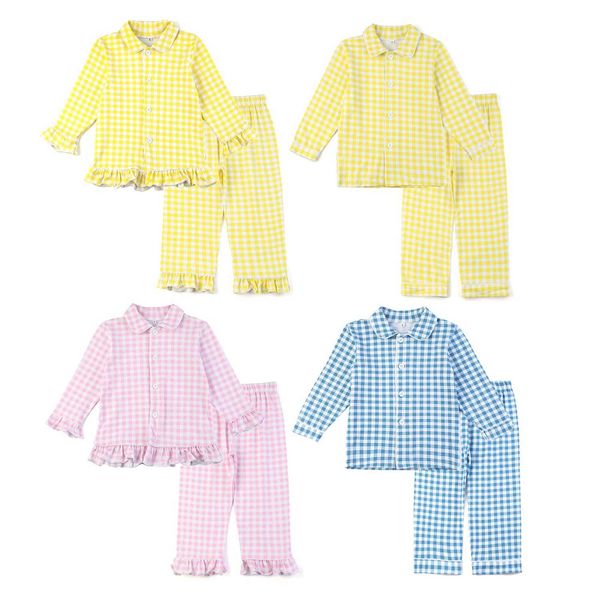 Abbigliamento per bambini all'ingrosso di pigiami al 100% in cotone puro pigiama a pieghe a molla pieghettate per bambini a maniche lunghe e ragazze pigiami D240515