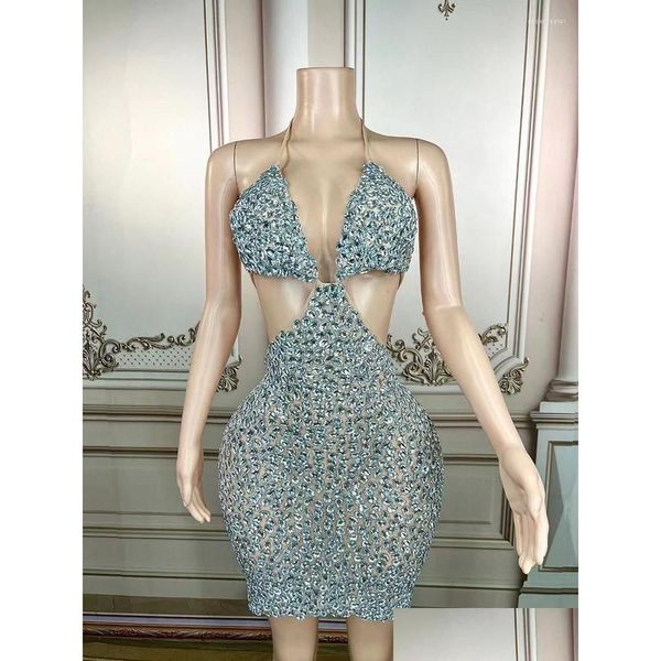 Stage desgaste de gala brilhante Rhinestones BRA BRA Chain Nude Mini vestido