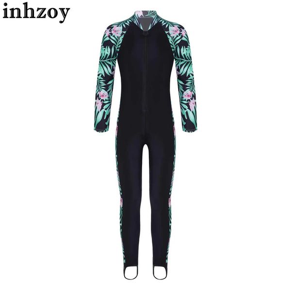 Meninas de uma peça de uma peças de uma peça full corpody swimsuit de maiô Floral com zíper de zíper de roupas de banho UPF de 50+ fantasia de natação Surfing Suitl2405