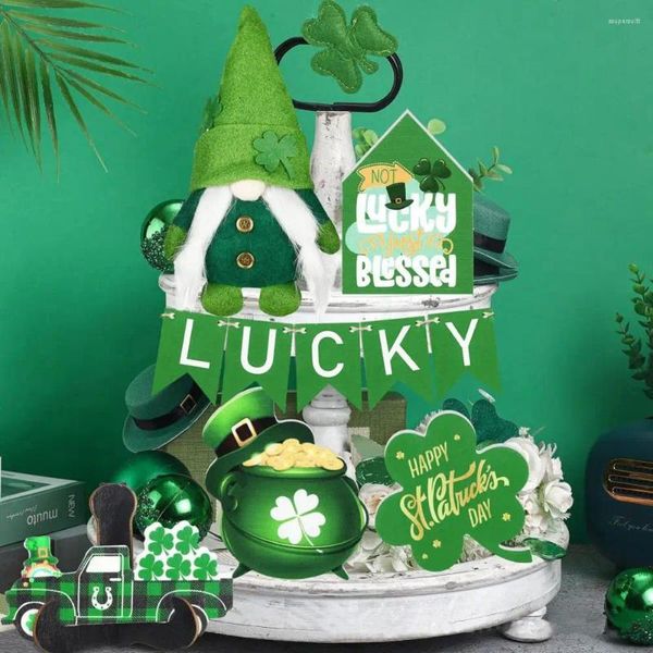 Party -Dekoration Stall stabile Dekorationen St. Patricks Tag rustikales Holzgrün Glücksschild Gnome Doll Tablett Orament Irish Festival