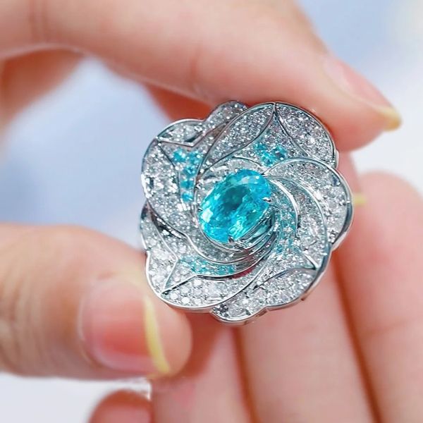 Charme Blume Aquamarin Zirkonfinger Ring 925 Sterling Silber Party Ehering -Ringe für Frauen Brautversprechen Juwely Geschenk