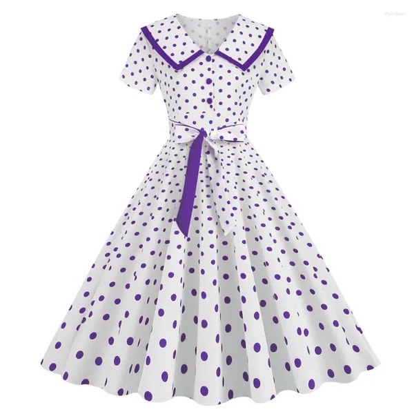 Vestidos casuais Polca roxa Dot Summer for Women Robe Vintage 50s 60s Pinup Turn-town Sleeve Short Rockabilly Dress 2024