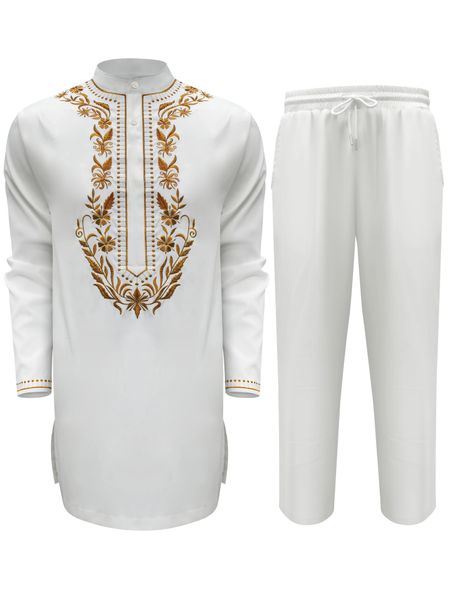 African Clothing for Men White Shirt and Pant Party Outfits Dashiki 2pcs in 1 Set for Men ricamo casual 2024 240514