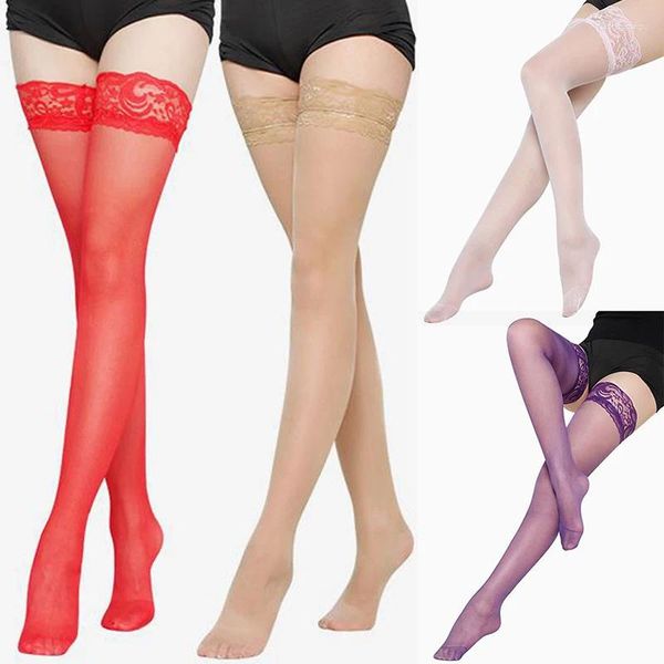 Frauen Socken 1Pair Frauen sexy Strumpf bloßer Spitze Oberschenkel hohe Strümpfe Netze für weibliche rosa lila Haut