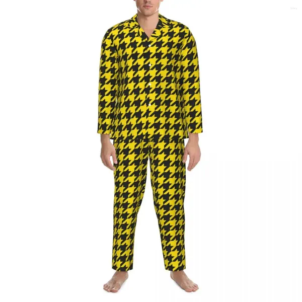 Home Clothing Pyjama männlichen Houndstooth Check Schlafzimmer Nachtwäsche süße gelbe schwarze 2 -teilige Lose Pyjama Set Long Sleeves Oversie Anzug