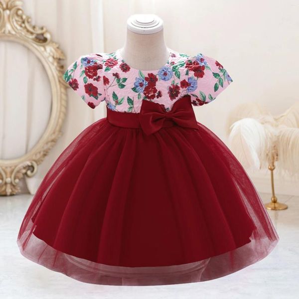 Abiti da ragazza Summer Floral Stamped Baby Toddler Bow 1st Birthday Party Dress per Girls Infant Baptism Wedding Princess Gown