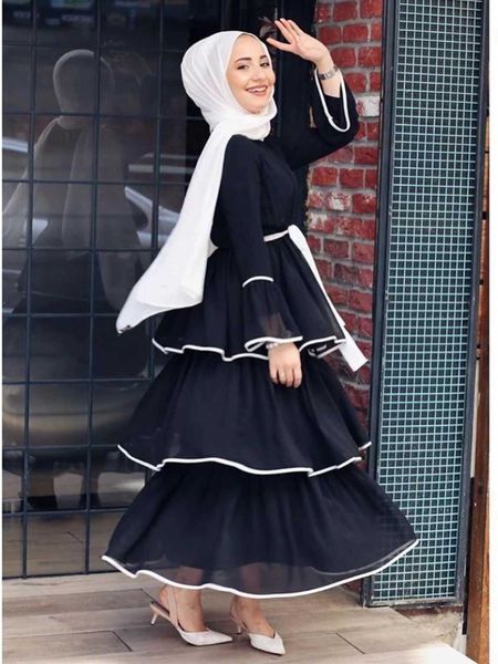 Этническая одежда Дубай Ислам Муслим Платье Свт-Торт Женщины Флэки Слэк с кружевными многослойными платья с плиссированными кексами из исламской одежды T240515