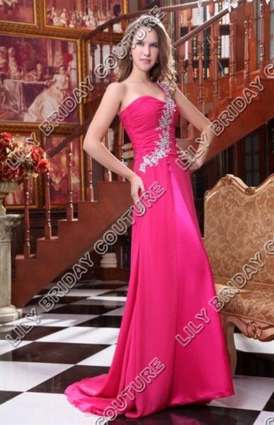 2015 CHIFFON Bridesmaid Vestres One ombro Rosa Vestidos de Evening Apliques Tribunal TRÃO TRÃO REAL REAL Imagem real Vestido DHYZ 026140756