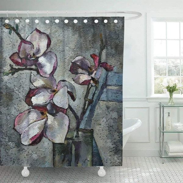 Tende per doccia rosa dipinto ad olio fine vita morta con magnolia viola in scala di grigio motro arte naturale tende da bagno