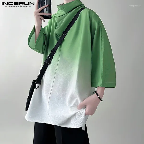 Magliette da uomo top incerun 2024 in stile coreano Handome High Pile Collar T-shirt gradiente sexy Colore a tre quarti CAMISETA S-5XL CAMISETA