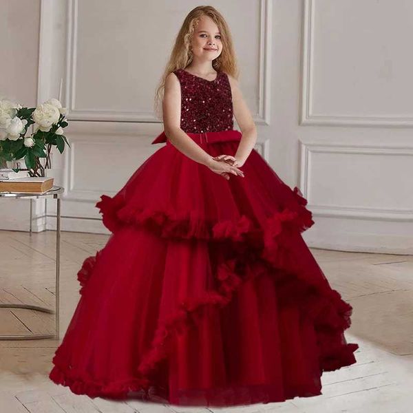 Mädchenkleider Mädchen Langes Hochzeitsfeier Kleid flauschiger Mesh Prinzessin Bubble Sleeve Eucharist Bankett Erste Paillistin Perlen Ball Party Kleid Y240514