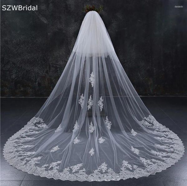 Bridal Véils por atacado White Ivory Wedding Lace Apliques Duas camadas véu com noiva de flores Velo de Novia Catedral Veu Noiva