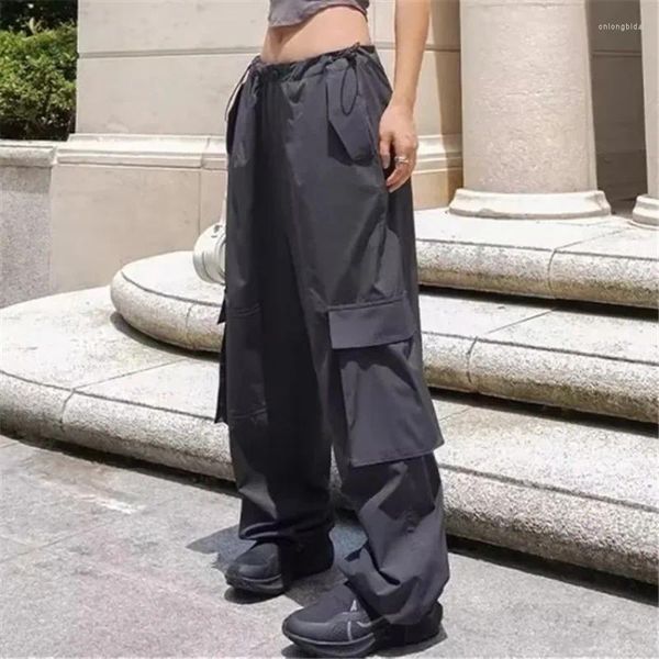 Calça feminina lazer rua tiro moda de trabalho na moda com cintura alta solta design de bolso tridimensional amarre pés dois guardas de desgaste
