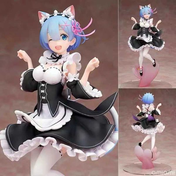 Actionspielzeugfiguren 21cm Maid Blue Hair Katze Ohren Süßes Mädchen Rock Anime Girl Figur Actionfigur Erwachsener Sammlermodell Puppe Y240516